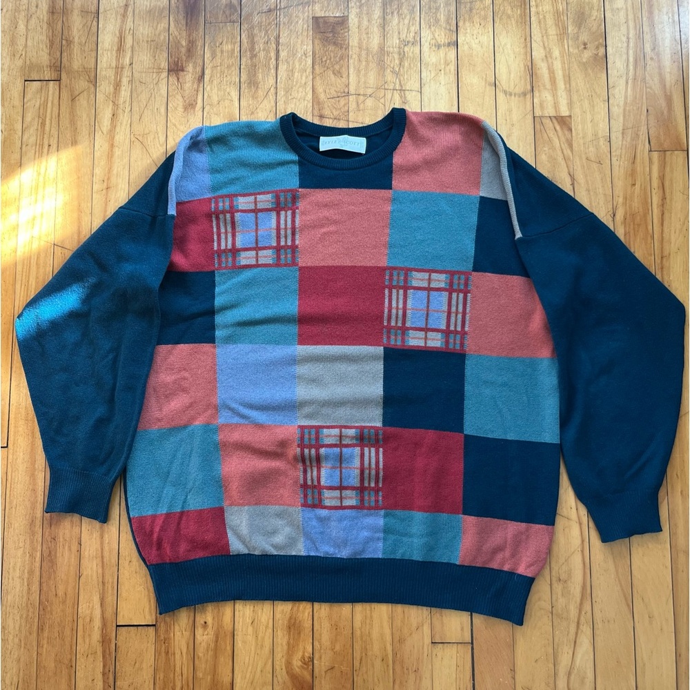 VTG Lyle & Scott 100% Lambswool Multicolor Retro Block‎ Pattern Sweater Men XXL